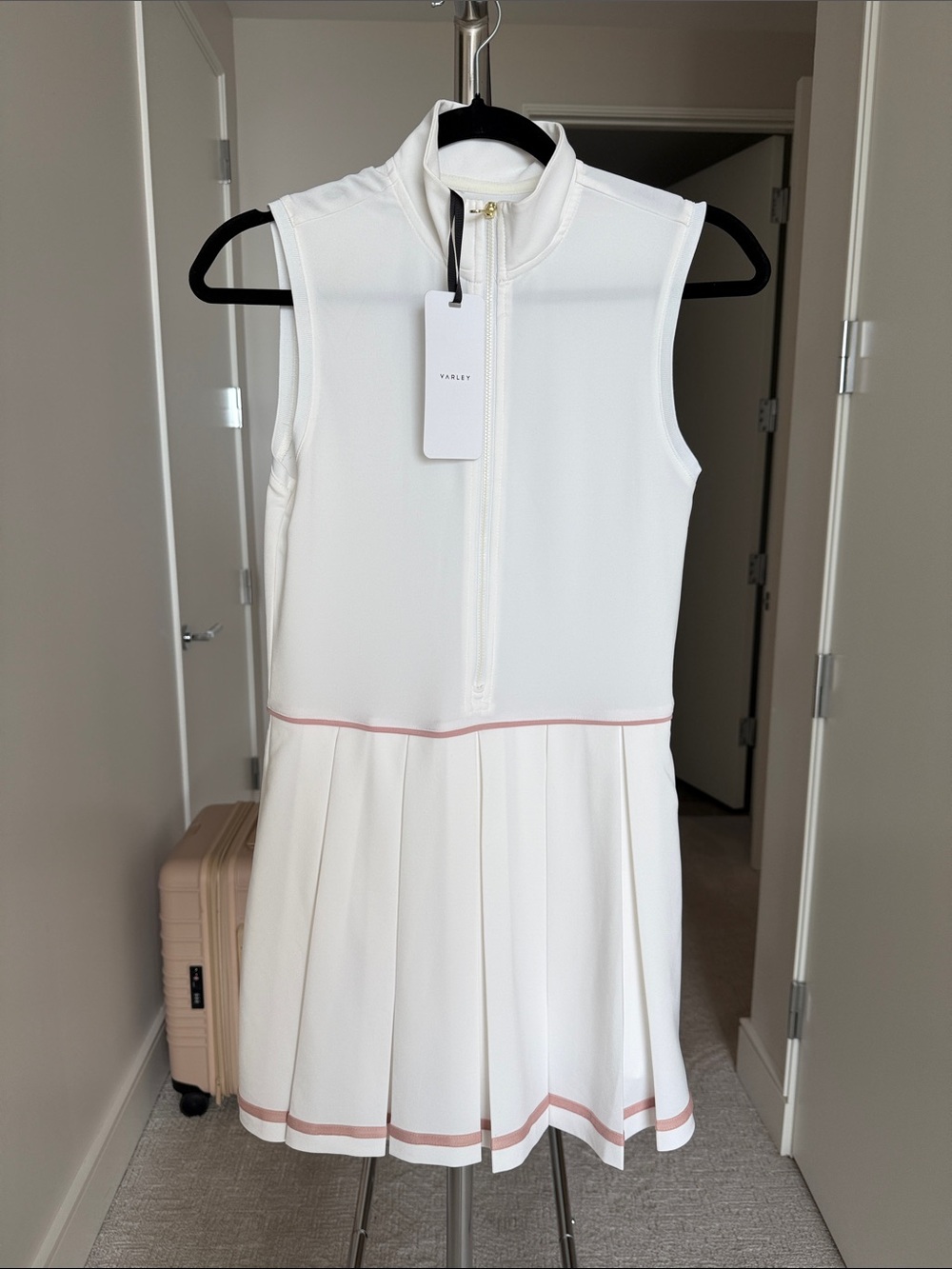 Varley White Sleeveless Tennis Dress with Pink Trim